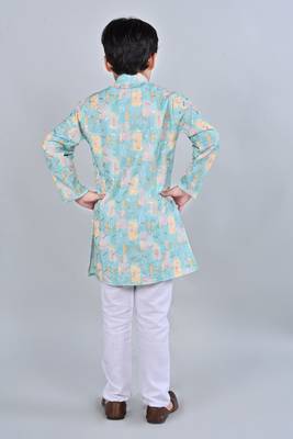 Boys rayon digital hd print sequined kurta pajama set - turquoise 2