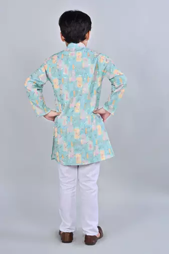 Boys rayon digital hd print sequined kurta pajama set - turquoise