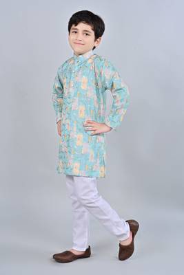 Boys rayon digital hd print sequined kurta pajama set - turquoise 3