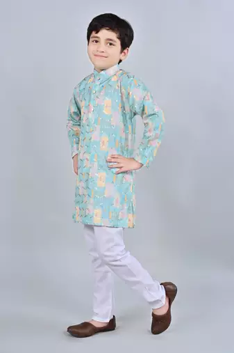 Boys rayon digital hd print sequined kurta pajama set - turquoise