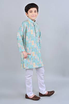 Boys rayon digital hd print sequined kurta pajama set - turquoise 4