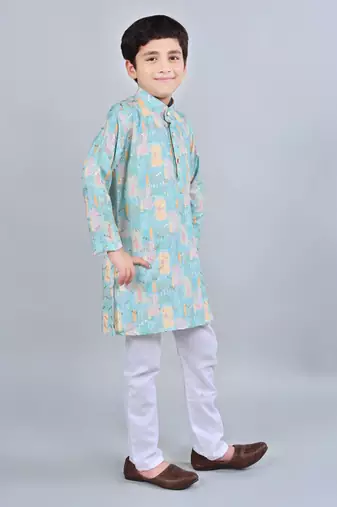 Boys rayon digital hd print sequined kurta pajama set - turquoise