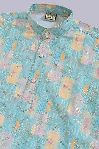 Boys rayon digital hd print sequined kurta pajama set - turquoise