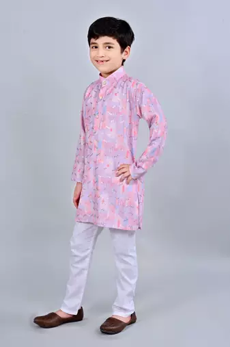 Boys rayon digital hd print sequined kurta pajama set - pink