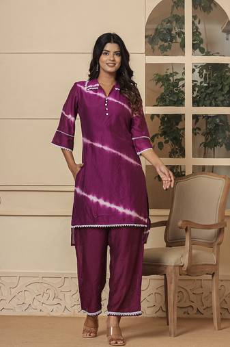  purple chanderi silk tie dye co-ord set