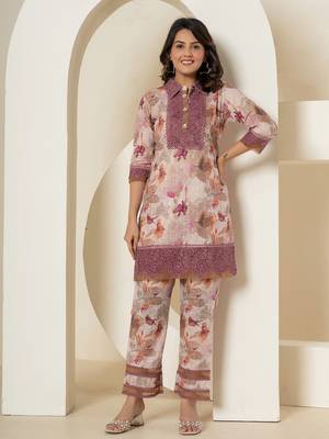  purple cotton schiffli co-ord set with lace detailing 1