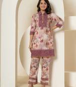  purple cotton schiffli co-ord set with lace detailing