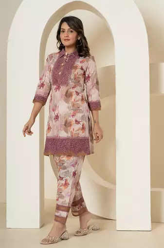  purple cotton schiffli co-ord set with lace detailing