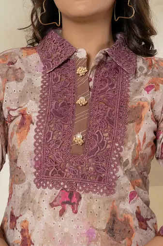  purple cotton schiffli co-ord set with lace detailing