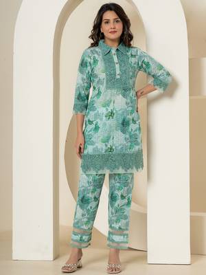  sea green cotton schiffli co-ord set with lace detailing 1