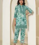  sea green cotton schiffli co-ord set with lace detailing