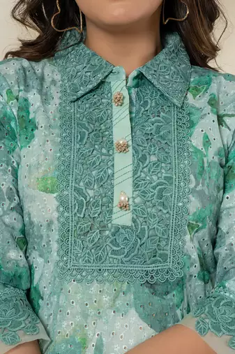  sea green cotton schiffli co-ord set with lace detailing