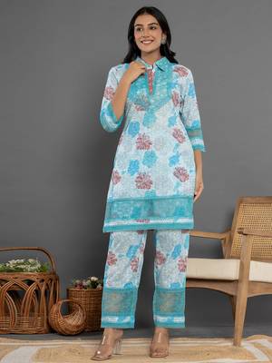  blue cotton schiffli co-ord set with lace detailing 1