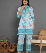  blue cotton schiffli co-ord set with lace detailing