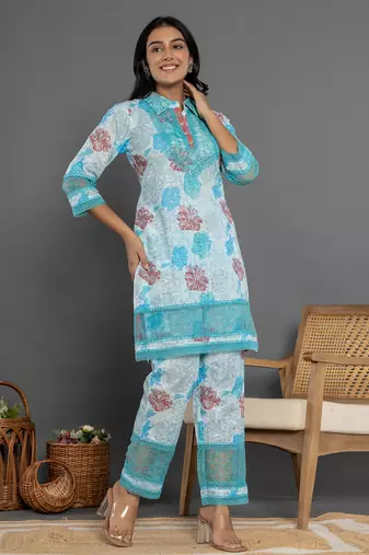  blue cotton schiffli co-ord set with lace detailing