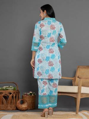  blue cotton schiffli co-ord set with lace detailing 3