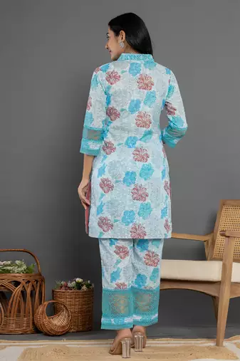  blue cotton schiffli co-ord set with lace detailing