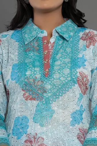  blue cotton schiffli co-ord set with lace detailing