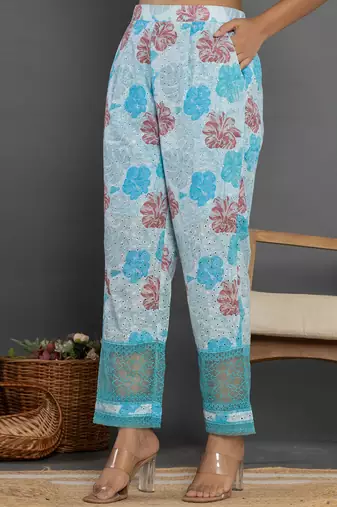  blue cotton schiffli co-ord set with lace detailing