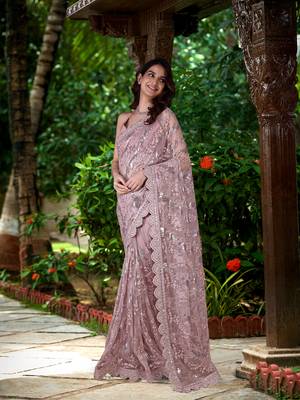  Net Sequin Embroidery Zarkan Work Saree With Unstitch Blouse Piece 1