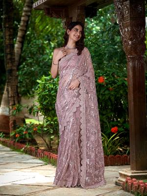  Net Sequin Embroidery Zarkan Work Saree With Unstitch Blouse Piece 3