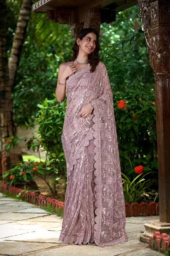 Trendmalls  Net Sequin Embroidery Zarkan Work Saree With Unstitch Blouse Piece