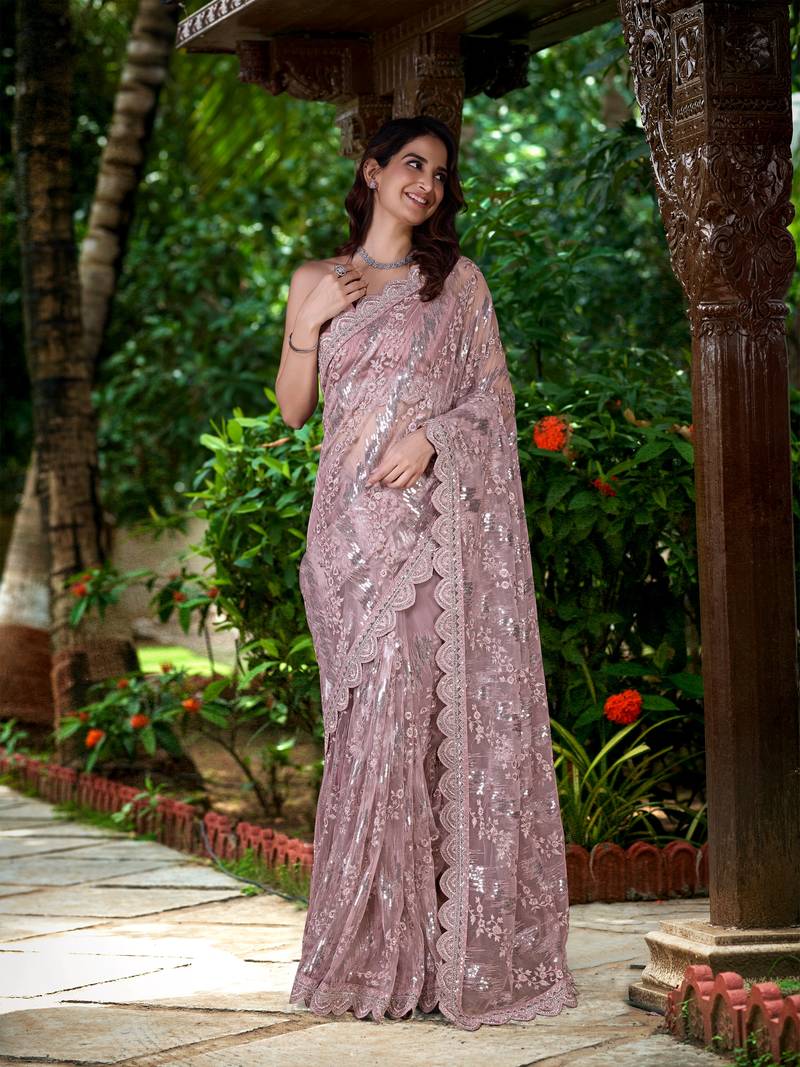  Net Sequin Embroidery Zarkan Work Saree With Unstitch Blouse Piece