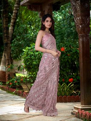  Net Sequin Embroidery Zarkan Work Saree With Unstitch Blouse Piece 4