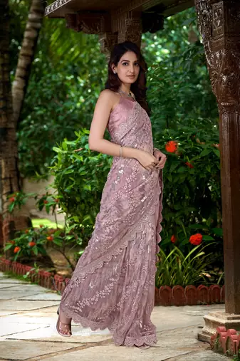 Trendmalls  Net Sequin Embroidery Zarkan Work Saree With Unstitch Blouse Piece