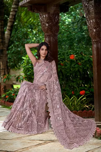Trendmalls  Net Sequin Embroidery Zarkan Work Saree With Unstitch Blouse Piece
