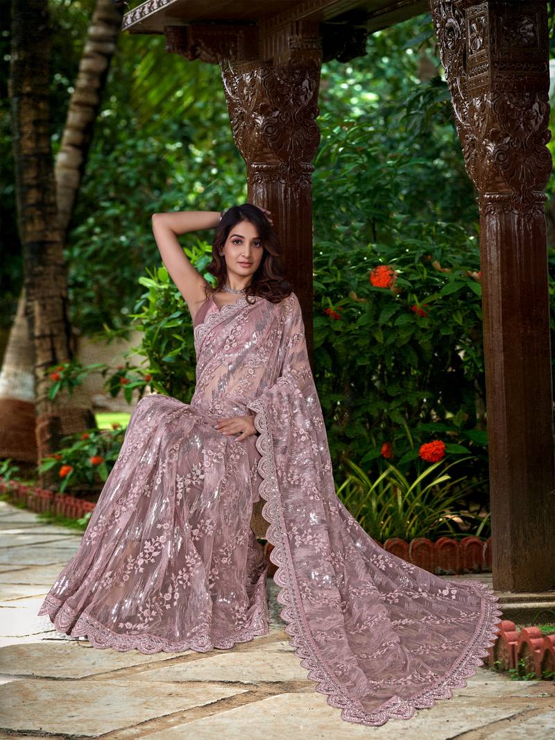  Net Sequin Embroidery Zarkan Work Saree With Unstitch Blouse Piece