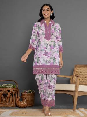  purple cotton schiffli co-ord set with lace 1