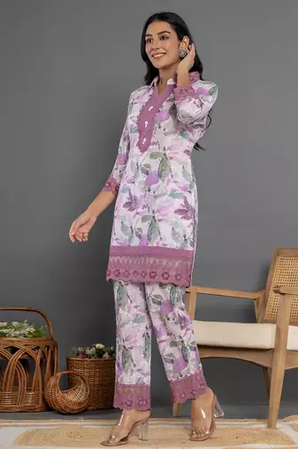  purple cotton schiffli co-ord set with lace