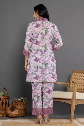  purple cotton schiffli co-ord set with lace