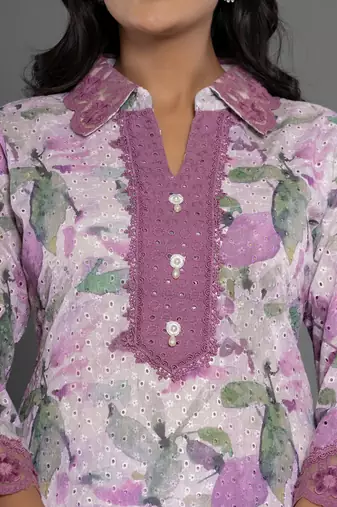  purple cotton schiffli co-ord set with lace
