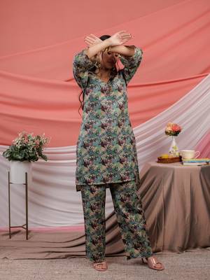  cotton green digital print workwear co ord set 3