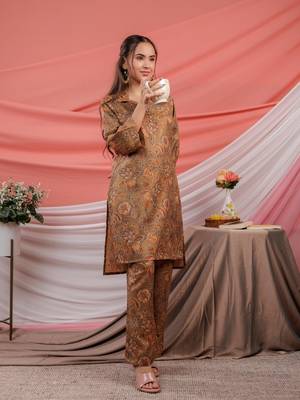  cotton brown digital printed work wear co-ord set 2
