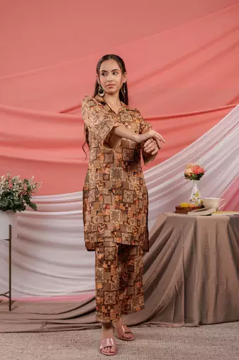  cotton brown digital printed workwear co-ord set