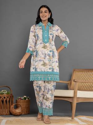  turquoise blue cotton schiffli co-ord set with lace 1