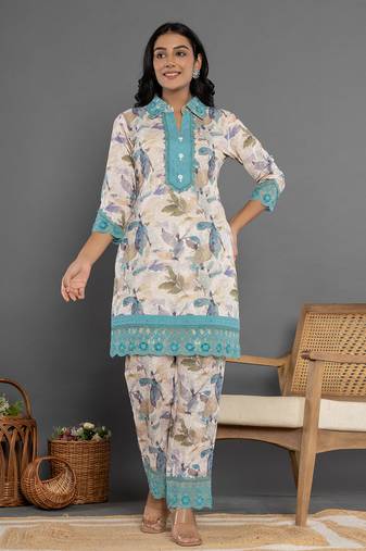  turquoise blue cotton schiffli co-ord set with lace