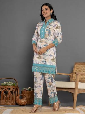 turquoise blue cotton schiffli co-ord set with lace 2