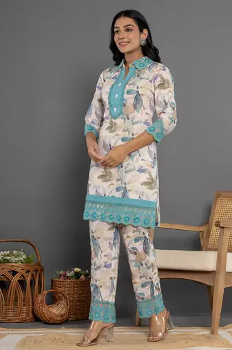  turquoise blue cotton schiffli co-ord set with lace