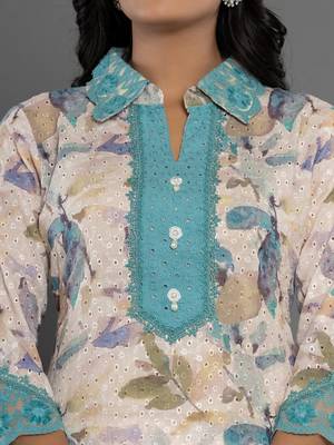  turquoise blue cotton schiffli co-ord set with lace 4