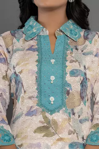  turquoise blue cotton schiffli co-ord set with lace
