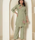  olive thread work shirt and trouser polyester co-ord set