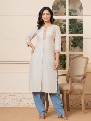  linen beige embroidery straight kurta 1