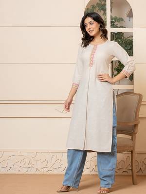  linen beige embroidery straight kurta 2