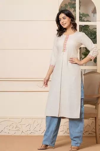  linen beige embroidery straight kurta