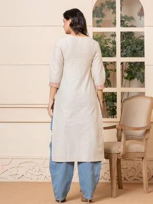  linen beige embroidery straight kurta 3