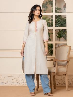  linen beige embroidery straight kurta 5